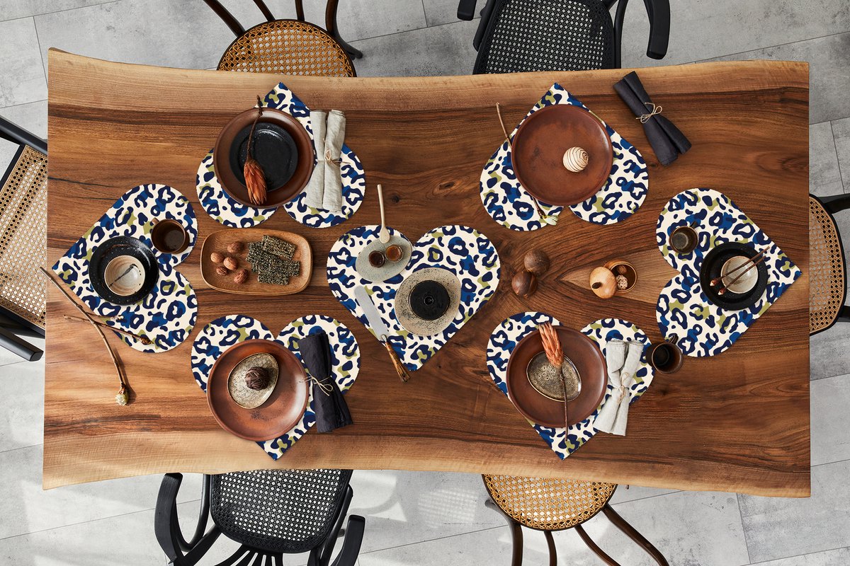 Onderleggers - Placemats - Placemats hartje - Panter - Design - Blauw - Groen - 8 stuks