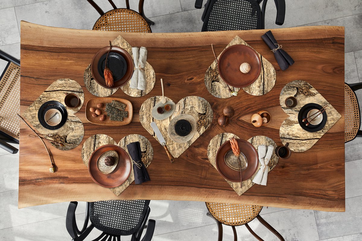 Onderleggers - Placemats - Placemats hartje - Boomschors - Hout - Design - Vintage - 8 stuks