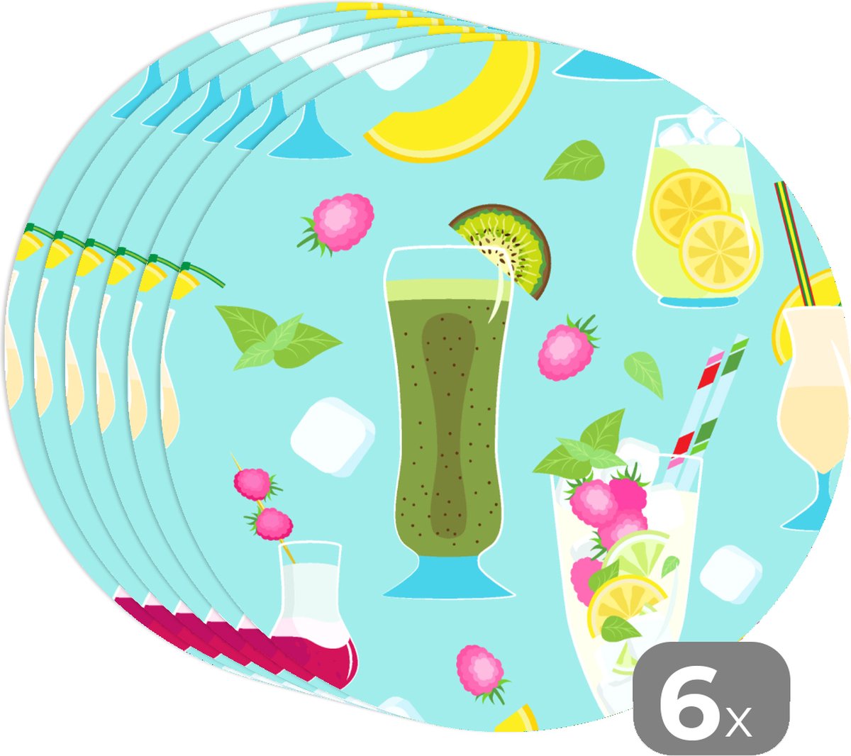 Ronde placemats - Onderlegger - Placemats rond - Cocktail - Zomer - Fruit - Patroon - 6 stuks