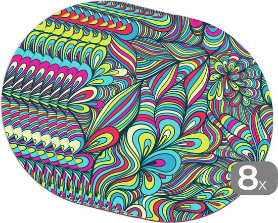 Sets de table ronds - Dessous de verre - Napperons ronds - Fantasy - Design - Couleurs - Rétro - 8 pièces