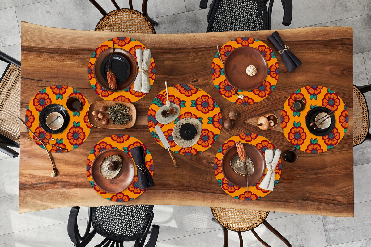 Ronde placemats - Onderlegger - Placemats rond - Design - Retro - Rozen - Oranje - 10 stuks