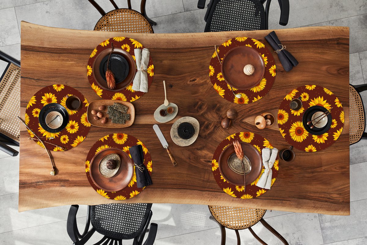 Ronde placemats - Onderlegger - Placemats rond - Zonnebloem - Bohemian - Flora - Patroon - 6 stuks