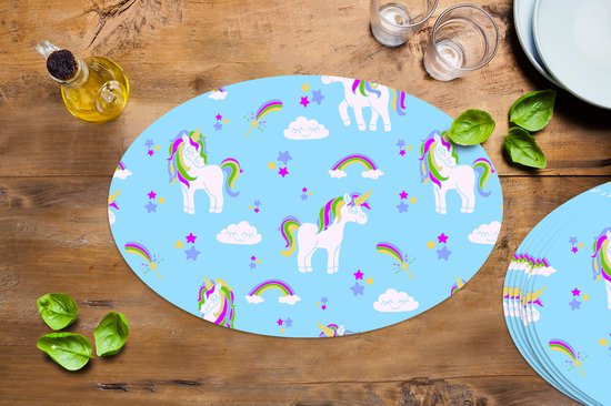 Napperons ovales - Sets de table - Sets de table ovales - Unicorn - Arc-en-ciel - Motifs - Enfant - 8 pièces