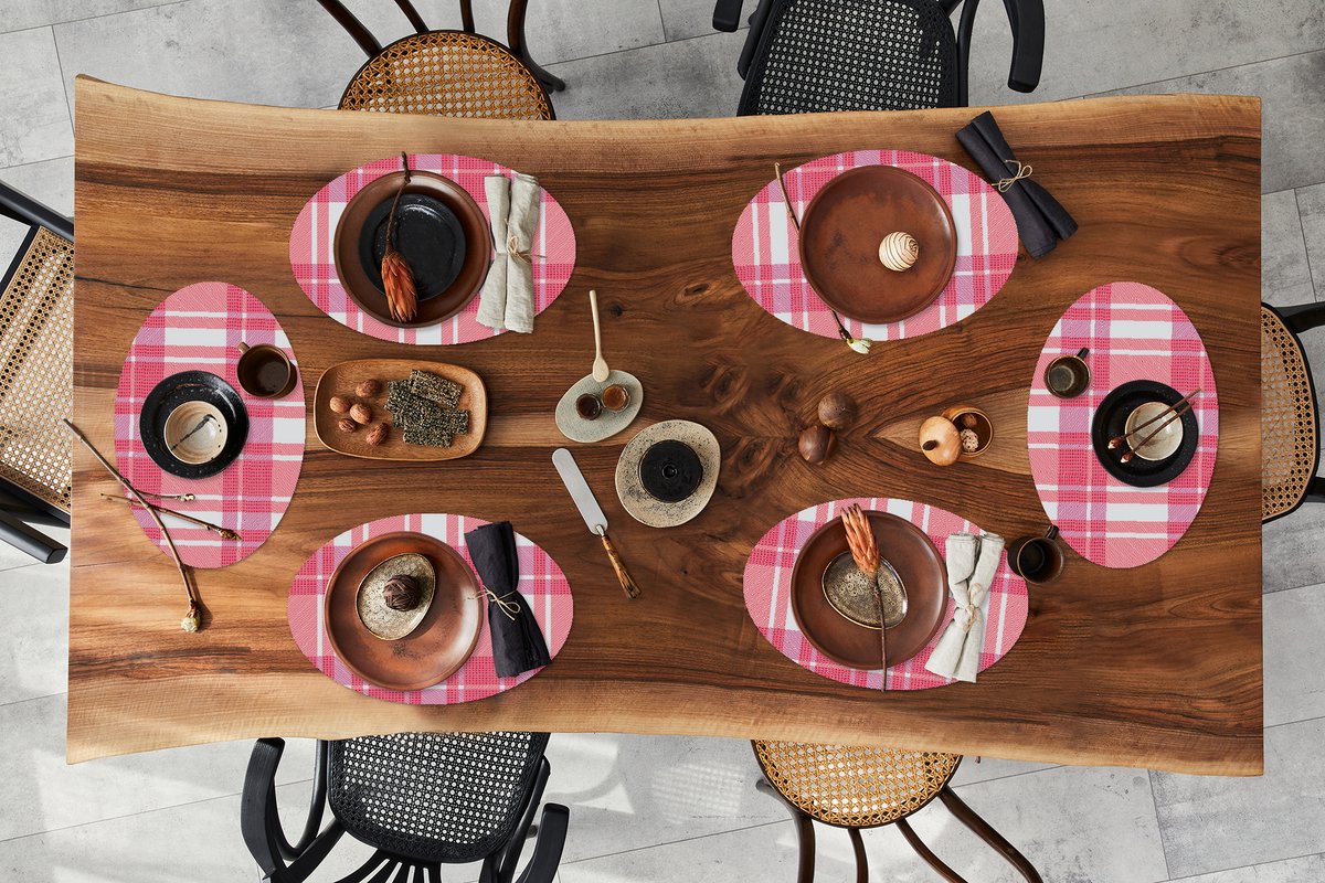 Placemats ovaal - Onderleggers - Ovale placemats - Plaid - Roze - Patronen - 6 stuks
