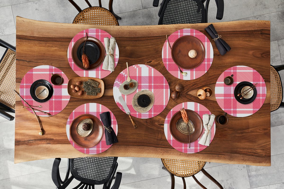 Ronde placemats - Onderlegger - Placemats rond - Plaid - Roze - Patronen - 10 stuks