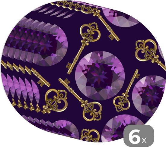 Sets de table ronds - Dessous de verre - Napperons ronds - Pierre précieuse - Motifs - Or - Clé - 6 pièces
