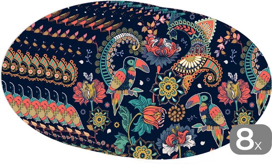 Napperons ovales - Sous-verres - Sets de table ovales - Toucan - Vogel - Arc-en-ciel - Jungle - Motif - 8 pièces