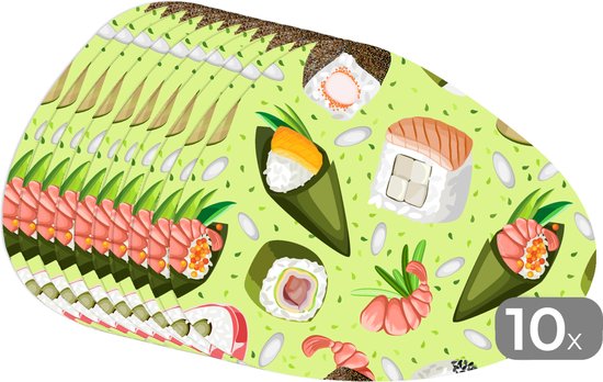 Set de table bio - Napperons de table bio - Dessous de verre - Motifs - Sushi - Japon - Vert - 10 pièces