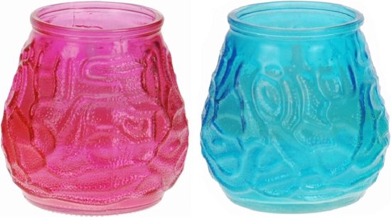 Windlicht geurkaars - 2x - blauw/roze glas - 48 branduren - citrusgeur