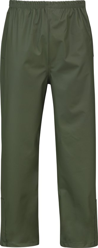 Pantalon de pluie STØRVIK vert olive pour hommes et femmes, taille L, avec ceinture élastique et boutons-pression en bas.