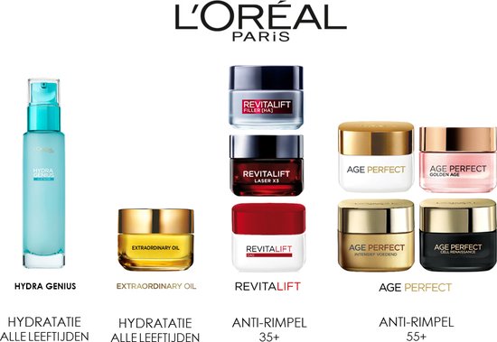 Een collectie L'Oréal gezichtsverzorgingsproducten: Hydra Genius, Extraordinary Oil, Revitalift en Age Perfect.