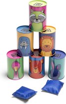 BS Toys Blikgooien Werpspel - Dieren en Cijfers - Pittenzak Gooien - Kinderspeelgoed vanaf 3 Jaar - Buitenspeelgoed - 6 Gekleurde Blikken - Cadeau kind