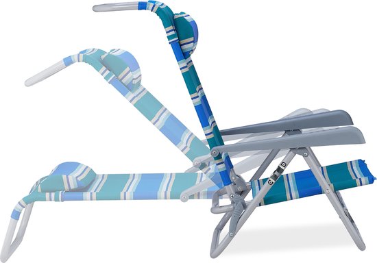 Relaxdays strandstoel opvouwbaar - verstelbaar - laag - met nekkussen - armleuningen - flesopener - blauw-groen-wit van Relaxdays — afbeelding 3