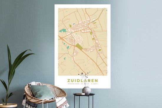 Muurstickers - Sticker Folie - Kaart - Zuidlaren - Stadskaart - Plattegrond - 80x120 cm - Plakfolie - Muurstickers Kinderkamer - Zelfklevend Behang - Zelfklevend behangpapier - Stickerfolie