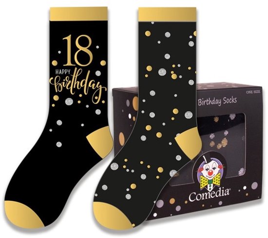 Zwarte sokken met gouden '18 happy birthday' tekst en zilveren/gouden confetti. Goudkleurige boord en hiel.