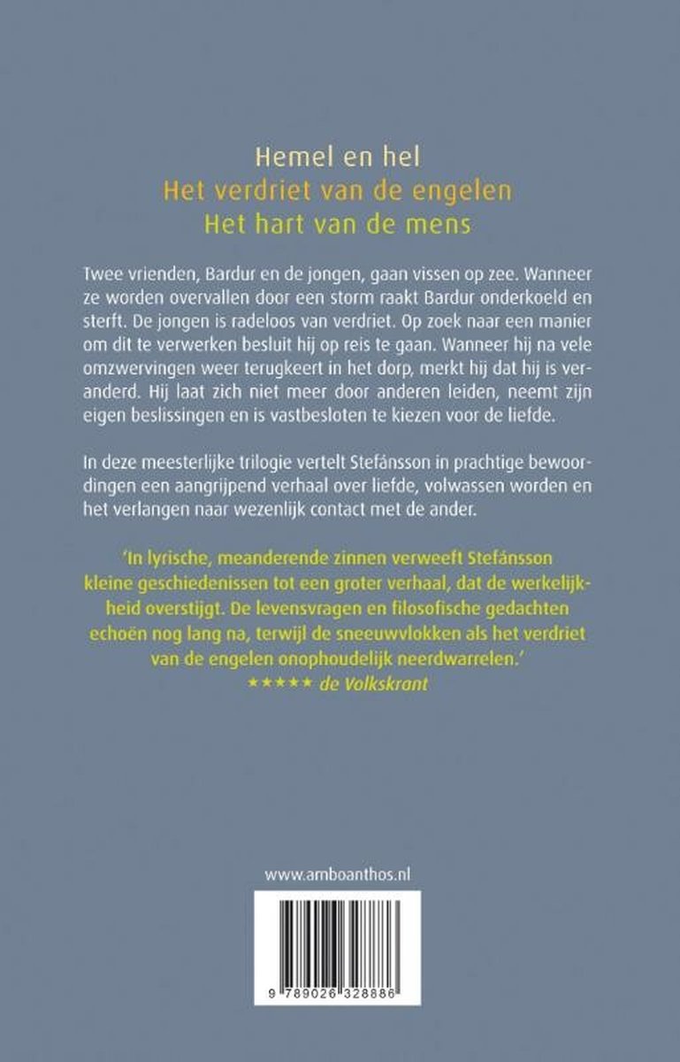 Achterflap met titel, samenvatting, recensie van de Volkskrant en ISBN.