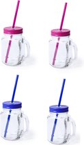 4x stuks Glazen Mason Jar drinkbekers met dop en rietje 500 ml - 2x blauw/2x roze - afsluitbaar/niet lekken/fruit shakes