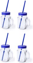4x stuks Glazen Mason Jar drinkbekers blauwe dop en rietje 500 ml - afsluitbaar/niet lekken/fruit shakes