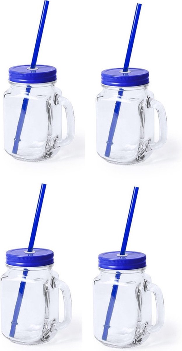 Goedkoopste Mason Jar drinkbekers - 4x stuks - glas - dop blauw met rietje - 500 ml - afsluitbaar - fruit shakes