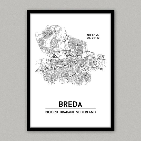 Breda city poster, A3 (30x40 cm) met lijst, plattegrond poster, woonplaatsposter, woonposter