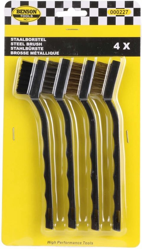 Verpakking met 4 Benson staalborstels met zwarte handvatten en messing borstels.