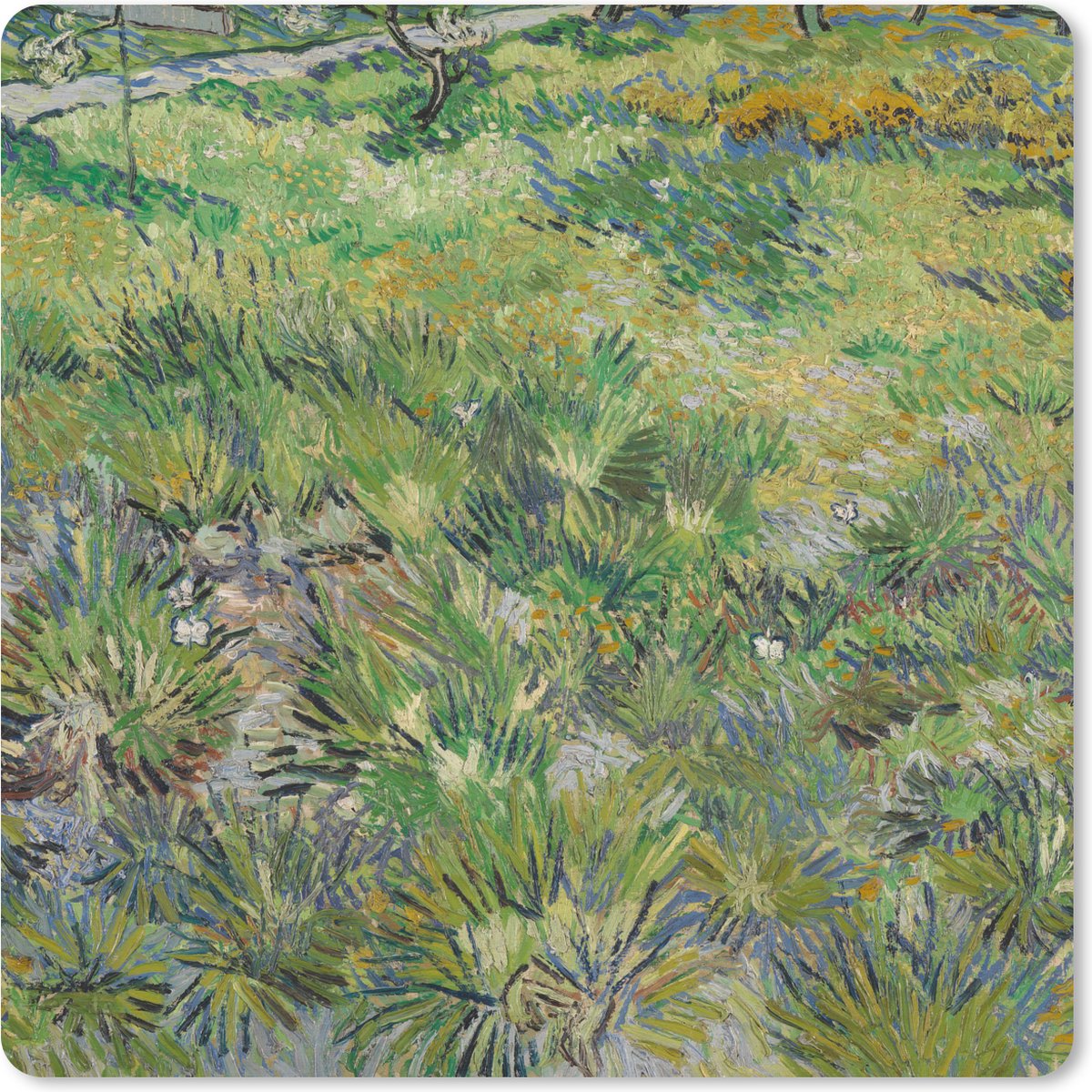 Muismat XXL 60x60 cm - Bureau onderlegger - Bureau mat Grasveld met bloemen en vlinders - Schilderij van Vincent van Gogh - Bureaumat - Gaming mousepad xl - Bureaulegger groot - Computer deskmat