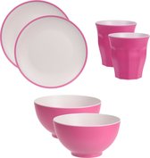 Set van 6x onbreekbare kunststof/melamine roze ontbijt bordjes/bekers en kommetjes