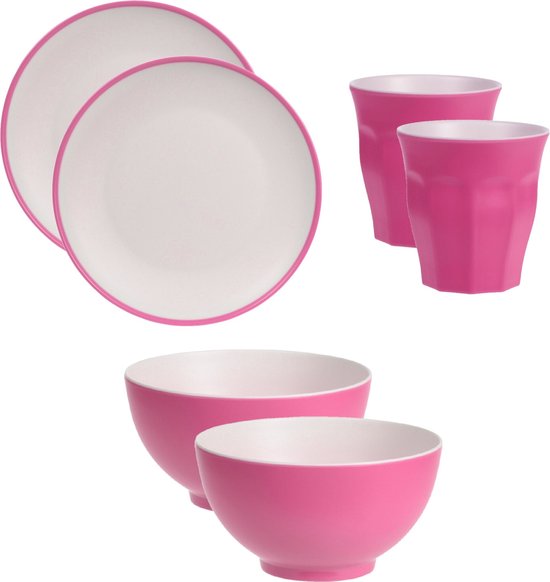 Set de 6 assiettes/tasses et bols petit-déjeuner incassables en  plastique/mélamine rose
