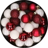 28x stuks kunststof kerstballen donkerrood en wit mix 3 cm - Kerstboomversiering