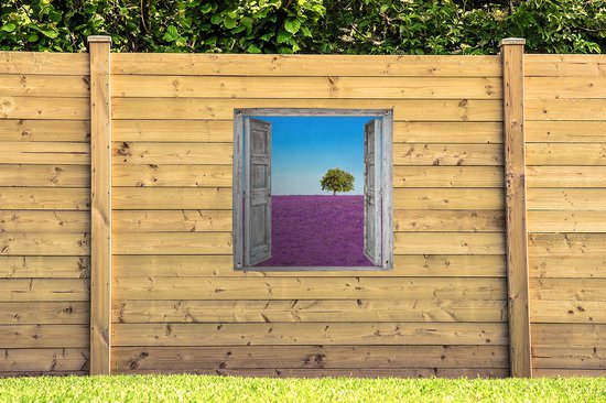 Affiche de jardin - Violet - Lavande - Arbre - Vue - Jardin - 100x100 cm - Décoration clôture - Peinture jardin - Tissu jardin