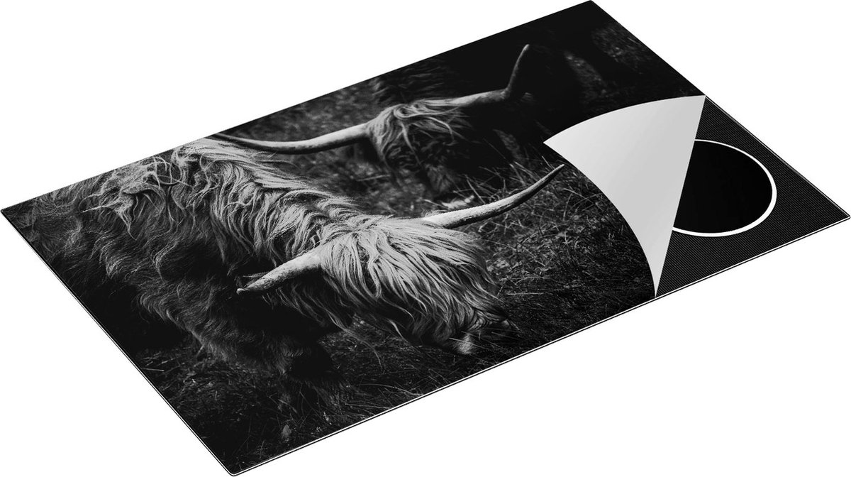Chefcare Inductie Beschermer Twee Schotse Hooglanders grazen Gras - Zwart Wit - 85x52 cm - Afdekplaat Inductie - Kookplaat Beschermer - Inductie Mat