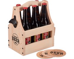 bierdrager hout - met flesopener en bierviltjes - voor 6 flessen - naturel
