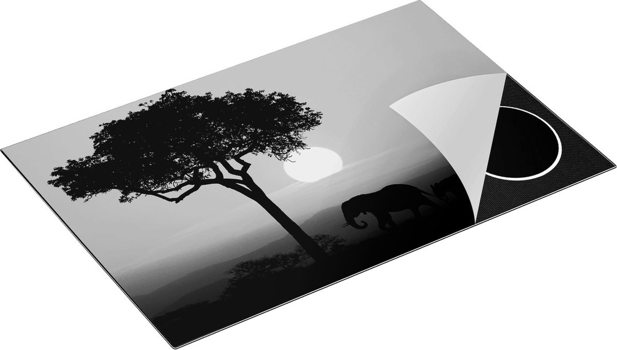 Chefcare Inductie Beschermer Olifanten Familie bij Zonsondergang - Olifant - Zwart Wit - 78x52 cm - Afdekplaat Inductie - Kookplaat Beschermer - Inductie Mat