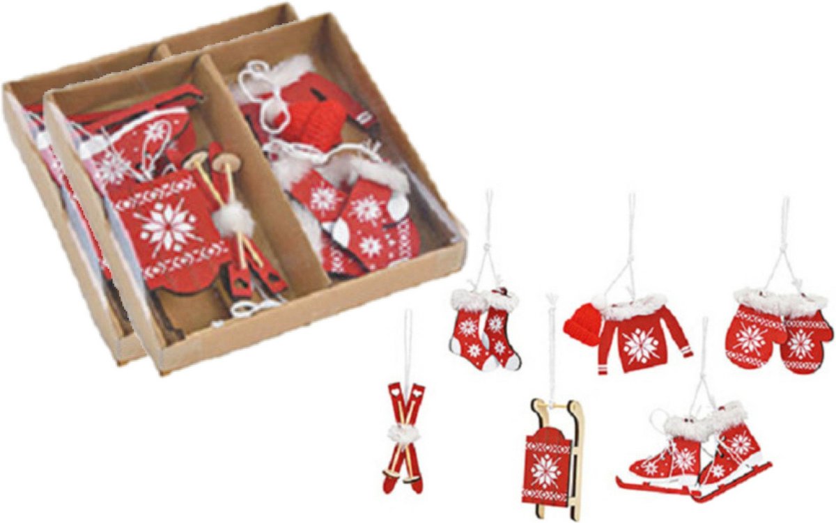 12x stuks houten kersthangers rood/wit wintersport thema kerstboomversiering - Kerstversiering kerstornamenten