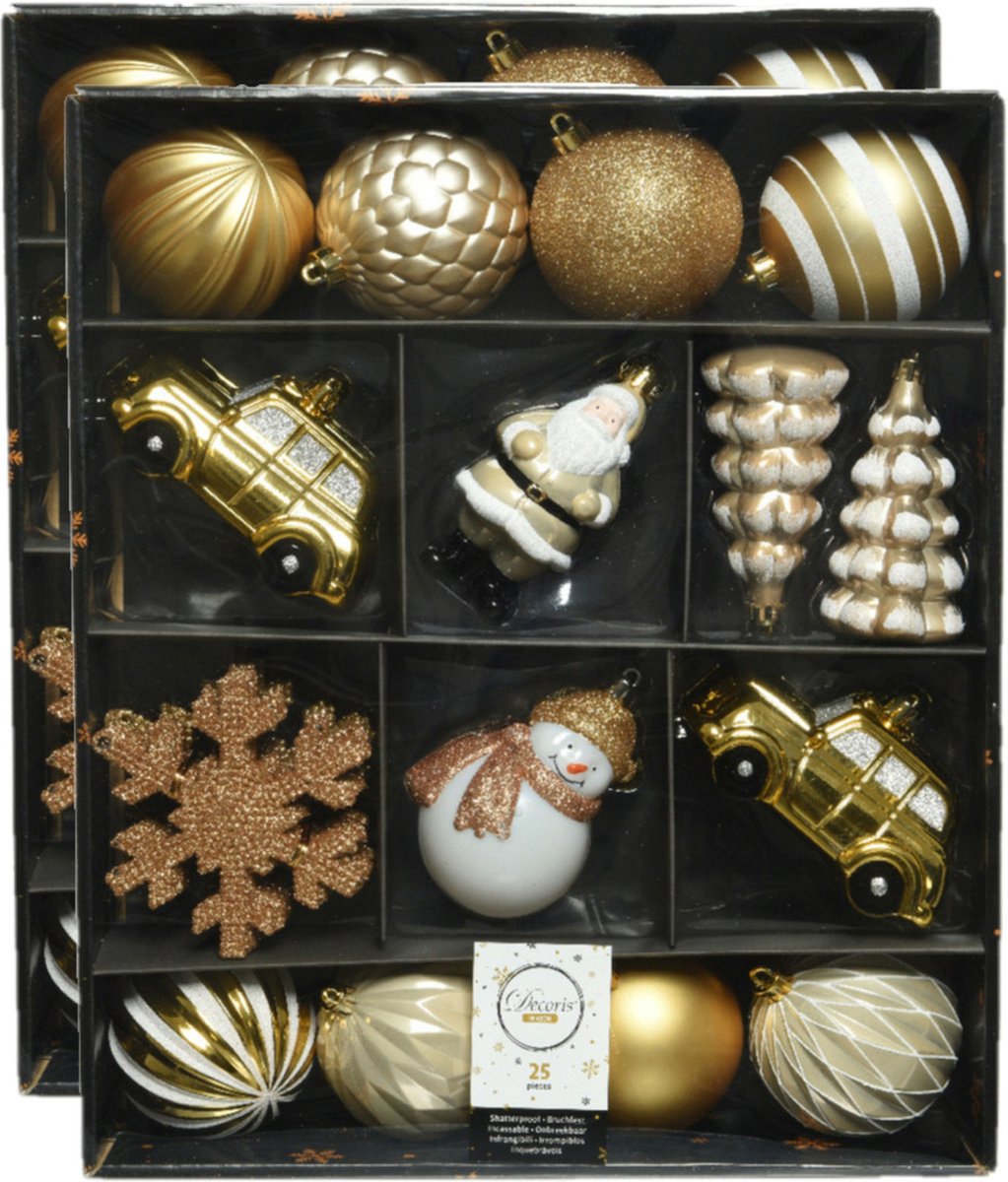 Decoris 50x kerstballen en kersthangers goud wit kunststof - onbreekbaar - 8 cm diameter - kerstboomversiering Multi