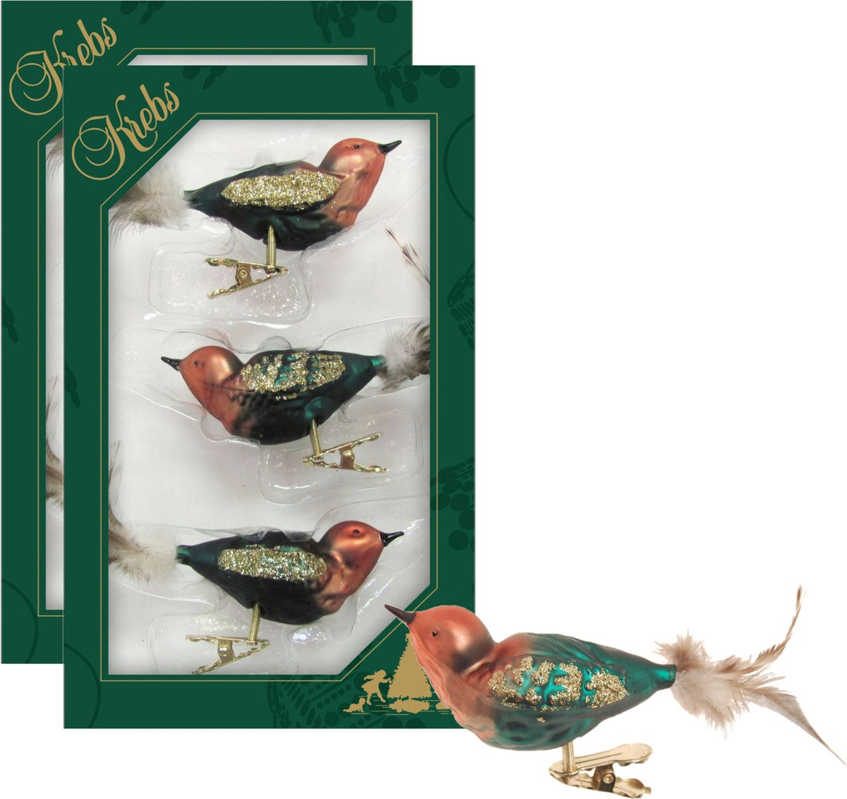 6x stuks luxe glazen decoratie vogels op clip groen/bruin 11 cm - Decoratievogeltjes - Kerstboomversiering