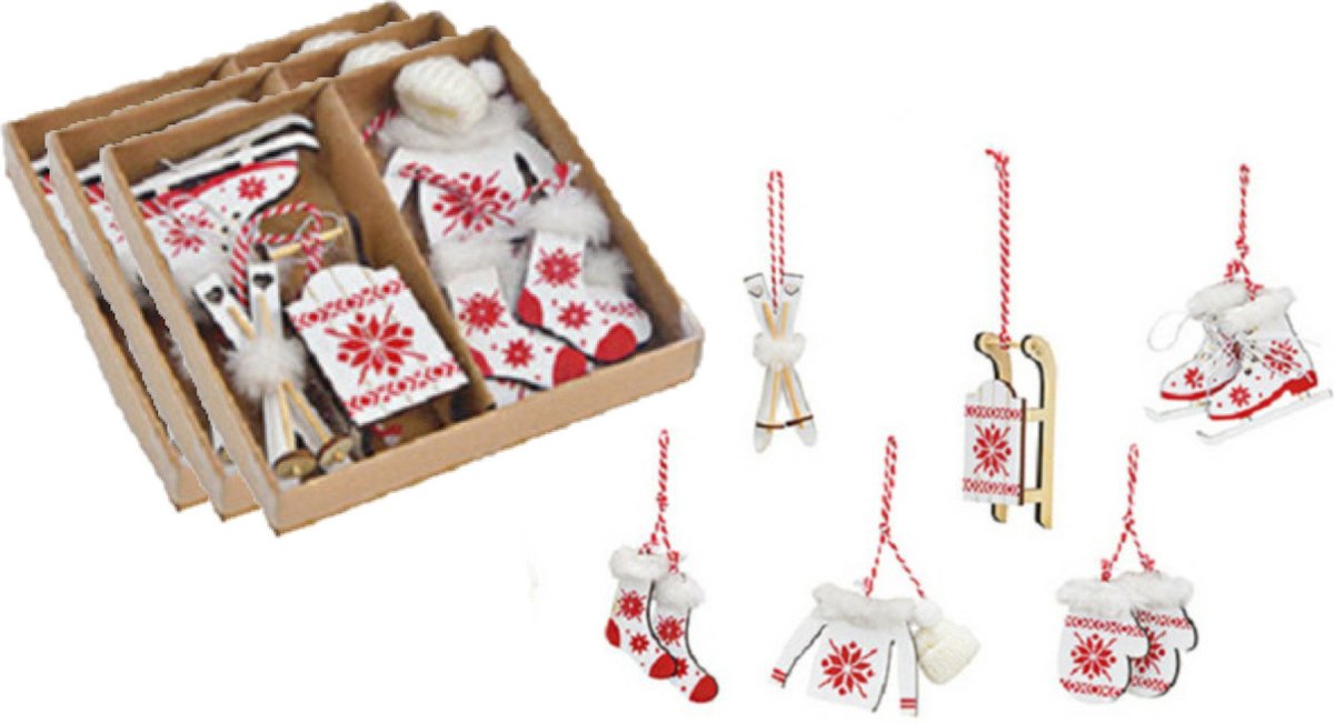18x stuks houten kersthangers wit/rood wintersport thema kerstboomversiering - Kerstversiering kerstornamenten