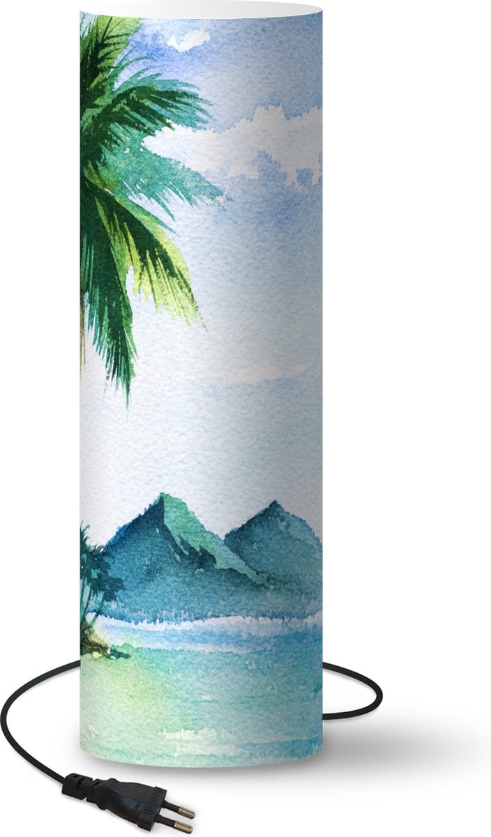 Lamp - Nachtlampje - Tafellamp slaapkamer - Waterverf - Zee - Palmboom - 70 cm hoog - Ø22.3 cm - Inclusief LED lamp