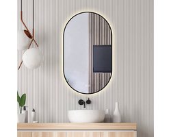 Top 10 spiegelverwarming en badkamerspiegels met verwarming 2026: Sunlight ovale zwarte badkamerspiegel met verwarming 60 x 100 cm