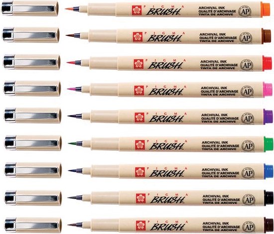 Set van 10 Pigma Brush pennen in verschillende kleuren, elk met een zilveren dop.