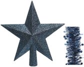 Kerstversiering kunststof glitter ster piek 19 cm en sterren folieslingers pakket donkerblauw van 3x stuks - Kerstboomversiering