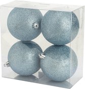 4x stuks kunststof glitter kerstballen ijsblauw 10 cm - Onbreekbare kerstballen - kerstversiering