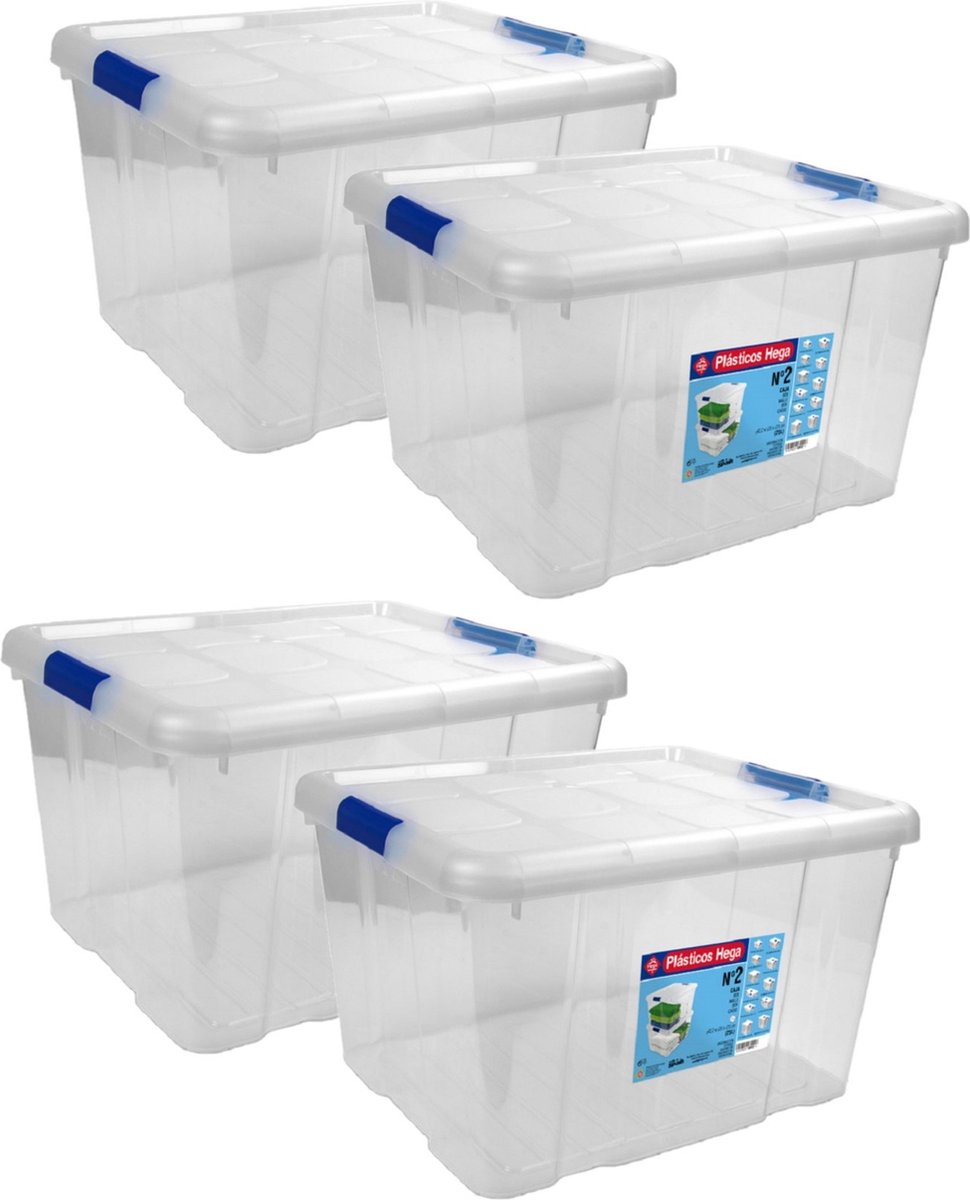 Hega hogar Opbergbox - Set van 4x stuks - met deksel - 42 x 35 x 25 cm - 25 Liter - Opbergbakken - Transparant