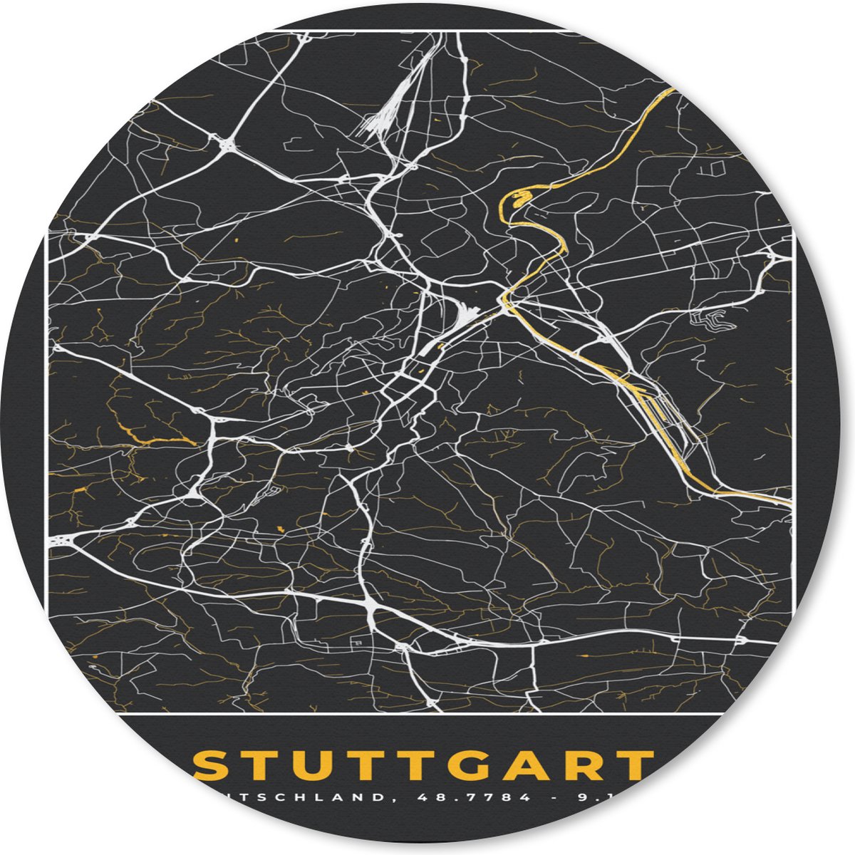Muismat - Mousepad - Rond - Stuttgart - Goud - Plattegrond - Kaart - Stadskaart - Duitsland - 50x50 cm - Ronde muismat