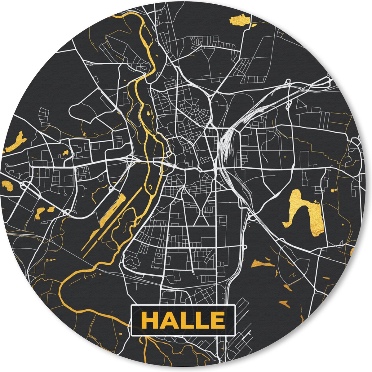 Muismat rond 50x50 cm - Mousepad Halle - Stadskaart - Goud - Plattegrond - Kaart - Duitsland - Ronde muismatten - Stadskaart
