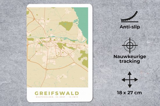 Muismat - Mousepad - Greifswald - Vintage - Kaart - Stadskaart - Plattegrond - 18x27 cm - Muismatten