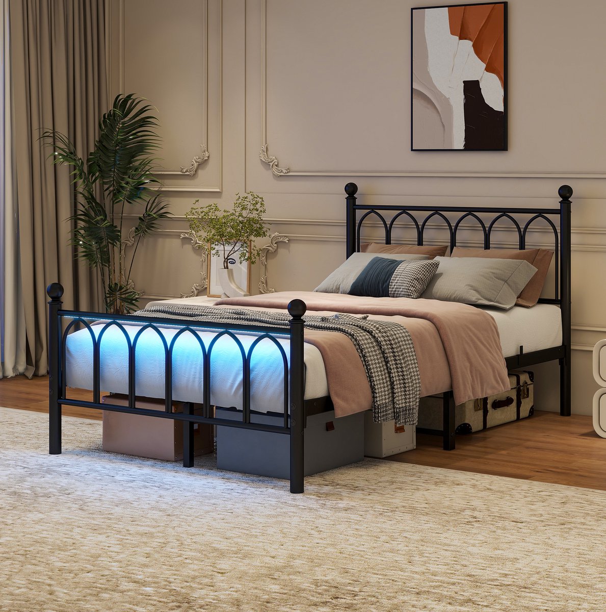 Wishdor Bedframe 120x200 cm - Hoog hoofdbord en voetbord - LED verlichting en USB laadstation - Vintage stijl - Opbergruimte onder bed - Metaal - Zwart