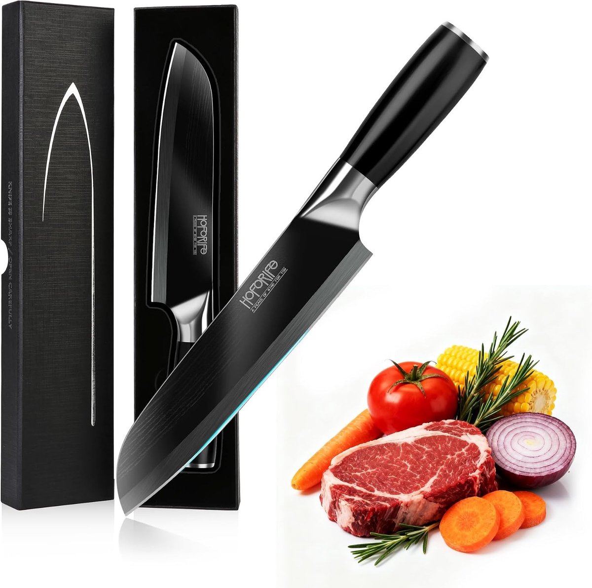 Handgemaakte Santoku Koksmes van 20 cm met Zwarte Houten Handgreep en Luxe Cadeaubox - Perfect voor Koken, Snijden en Bereiden van Maaltijden