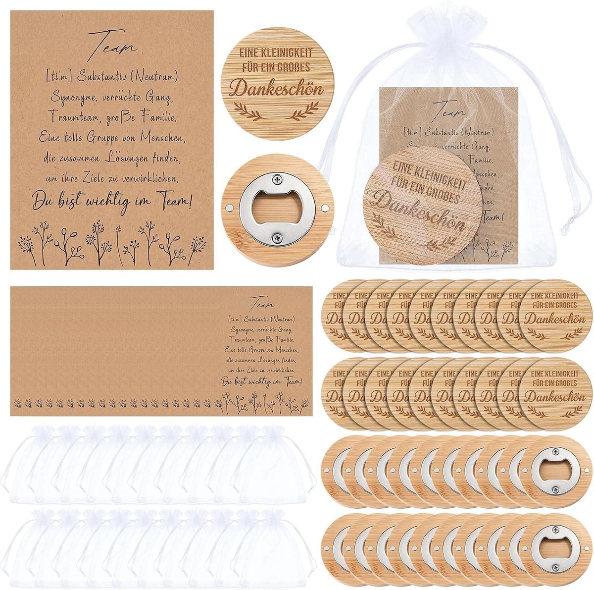 20 Sets Bedankcadeaus met Houten Flesopeners en Magnetische Organzazakjes voor Feestjes, Bruiloften en Doopsgezinde Vieringen