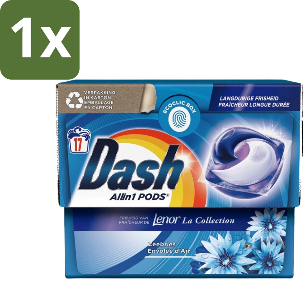 Dash - Lenor Collectie - Wasmiddel Capsules - All-in-1 Pods - Witte en Gekleurde Was - Zeebries - 17 Wasbeurten - 1 stuk